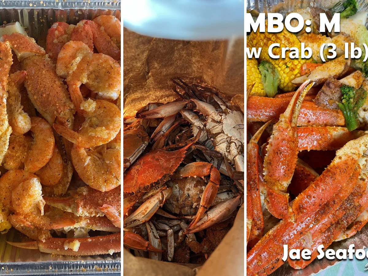 Seafood platters piled with crab and shrimp.
