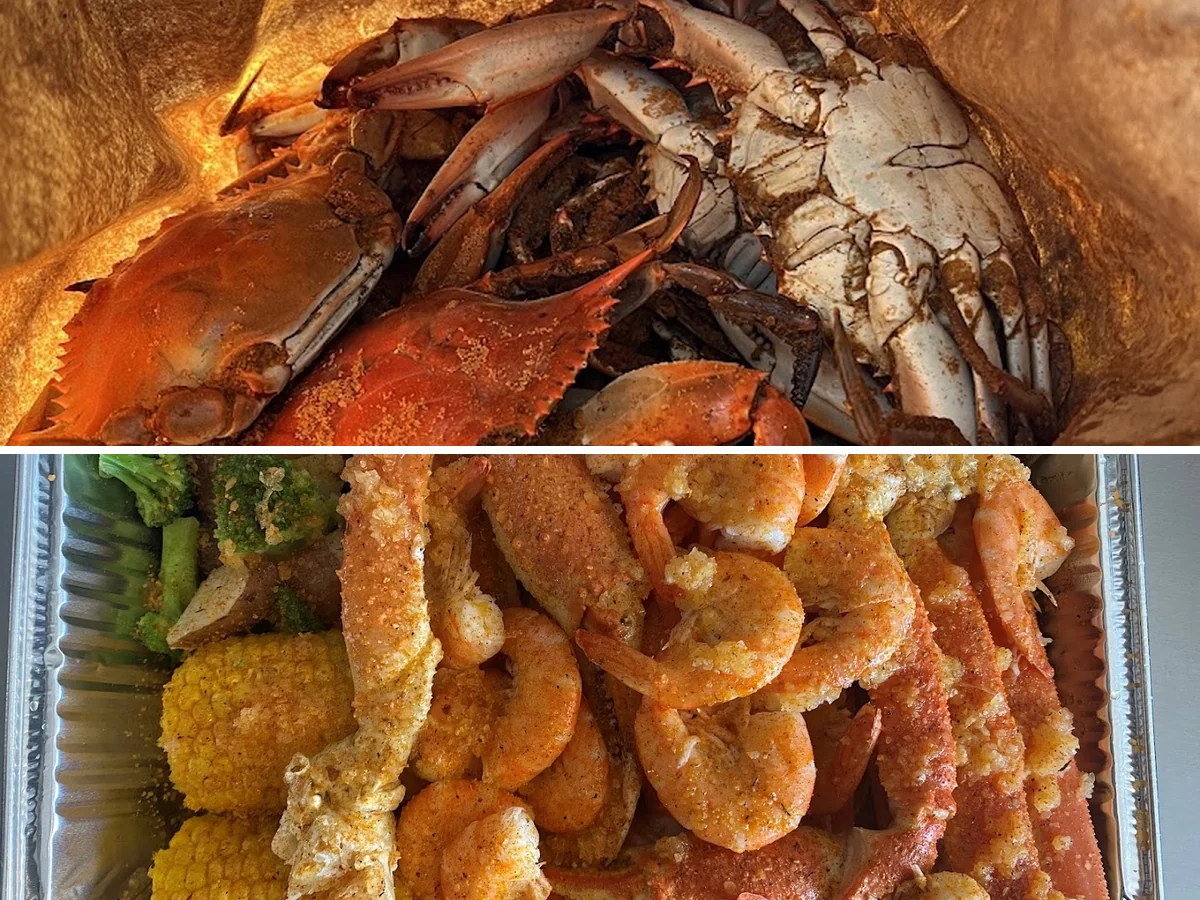 Takeout seafood containers ready for pickup.