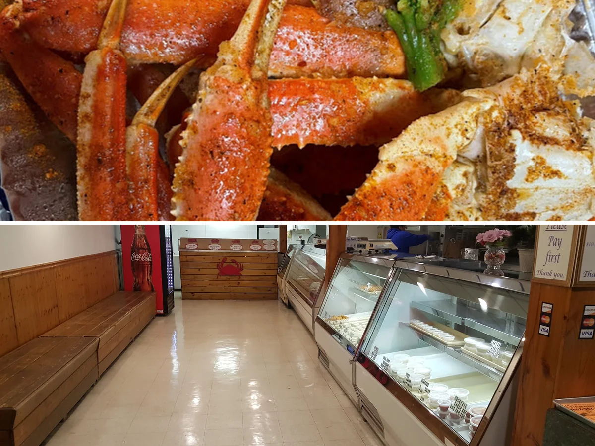 Seafood platters piled with crab and shrimp.
