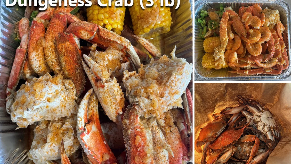Takeout seafood containers ready for pickup.